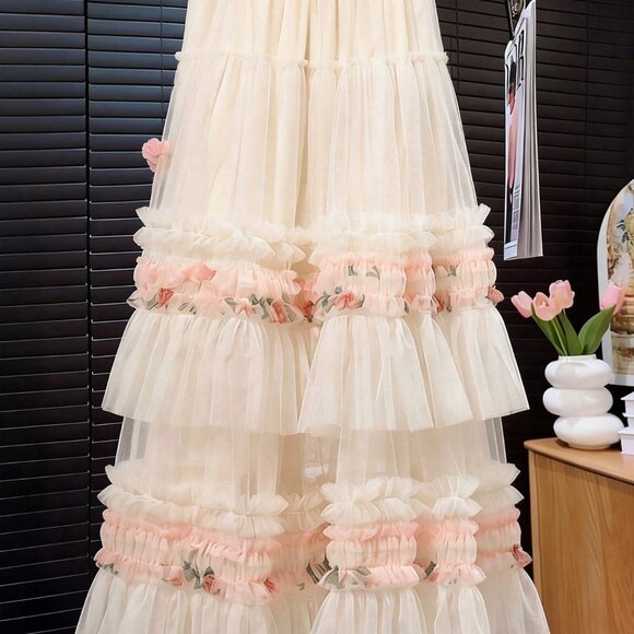 Pink Elegant Women's Tiered Long Skirt